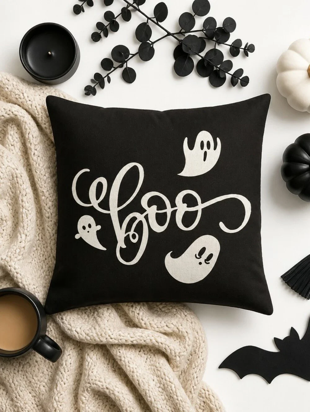 Halloween Pillow Cover • Ghosts Boo Black Off‑White • 18x18 • Linen Look NWOT